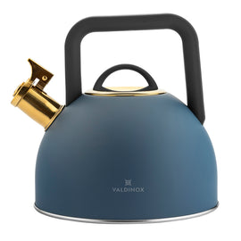 Valdinox Giovanni fluitketel 2,5L – RVS inductie fluitketel – Modern design met gouden accenten – Mat Blauw