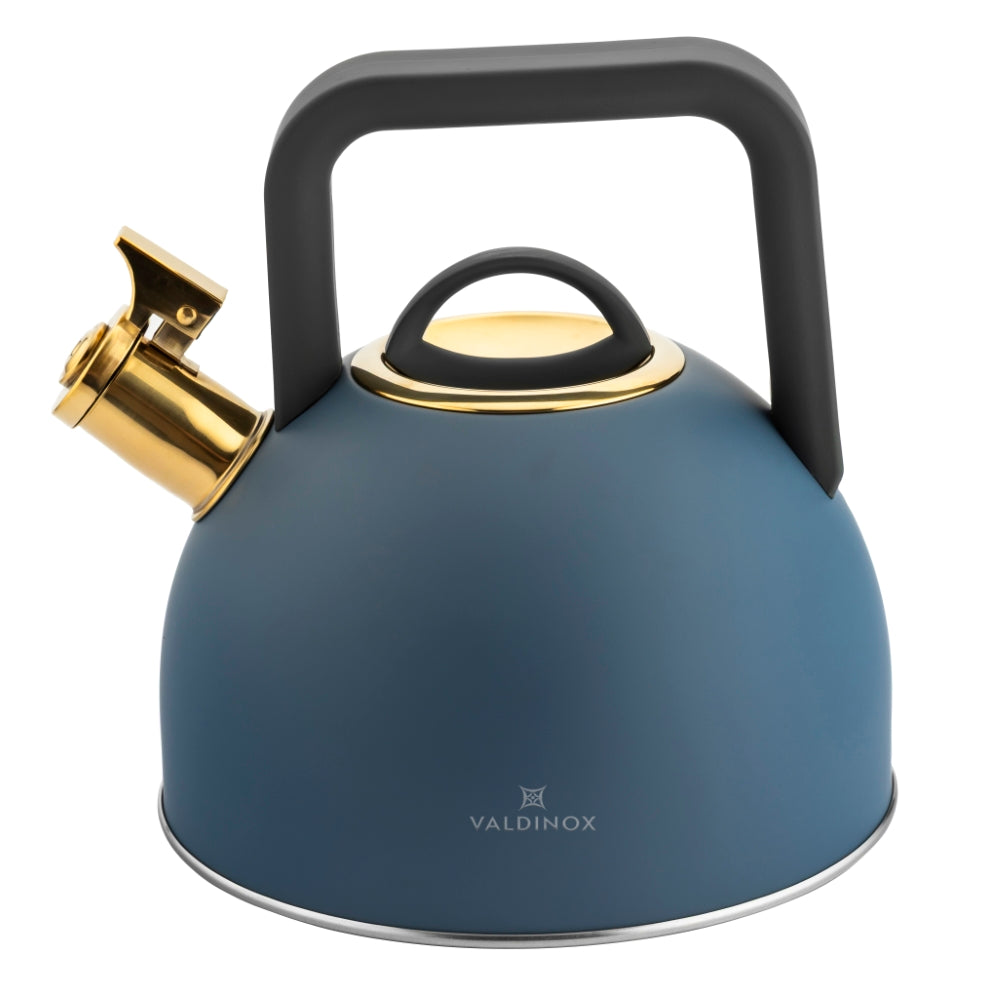 Valdinox Giovanni fluitketel 2,5L – RVS inductie fluitketel – Modern design met gouden accenten – Mat Blauw