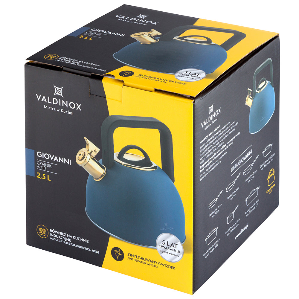 Valdinox Giovanni fluitketel 2,5L – RVS inductie fluitketel – Modern design met gouden accenten – Mat Blauw
