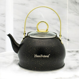 Haus Roland emaille waterketel 1,5 liter HR710-12 – Inductie waterkoker – Zwart met goud – Zonder fluit – Opklapbaar handvat