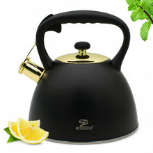 Afbeelding in Gallery-weergave laden, Meyerhoff fluitketel 3,0L MH-4075Q – RVS inductie fluitketel – Matzwart met gouden accenten – Modern design