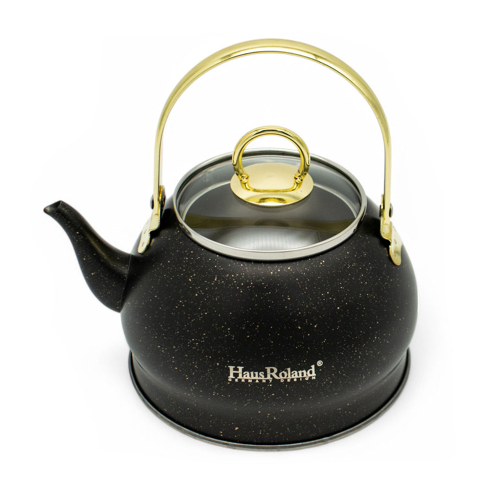 Haus Roland emaille waterketel 1,5 liter HR710-12 – Inductie waterkoker – Zwart met goud – Zonder fluit – Opklapbaar handvat