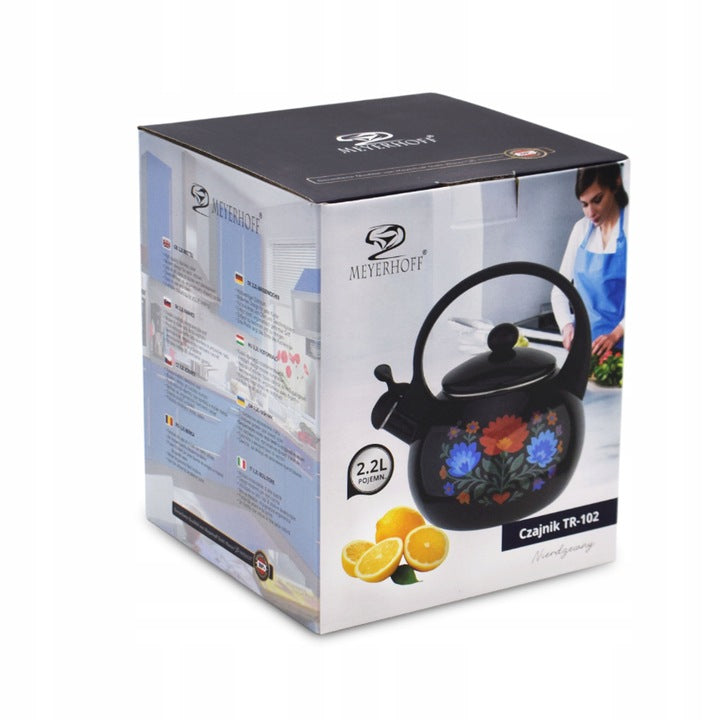 Meyerhoff Black Folk fluitketel 2,2L – Emaille inductie fluitketel – Traditioneel folk design – Zwart met bloemen