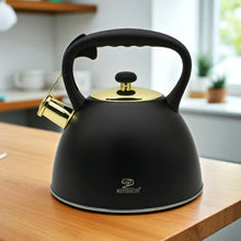 Afbeelding in Gallery-weergave laden, Meyerhoff fluitketel 3,0L MH-4075Q – RVS inductie fluitketel – Matzwart met gouden accenten – Modern design