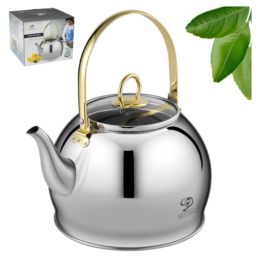 Meyerhoff RVS waterketel 2 liter MH-4327C  – Voor inductie en gas – Zonder fluit – Opklapbaar handvat – Zilver design