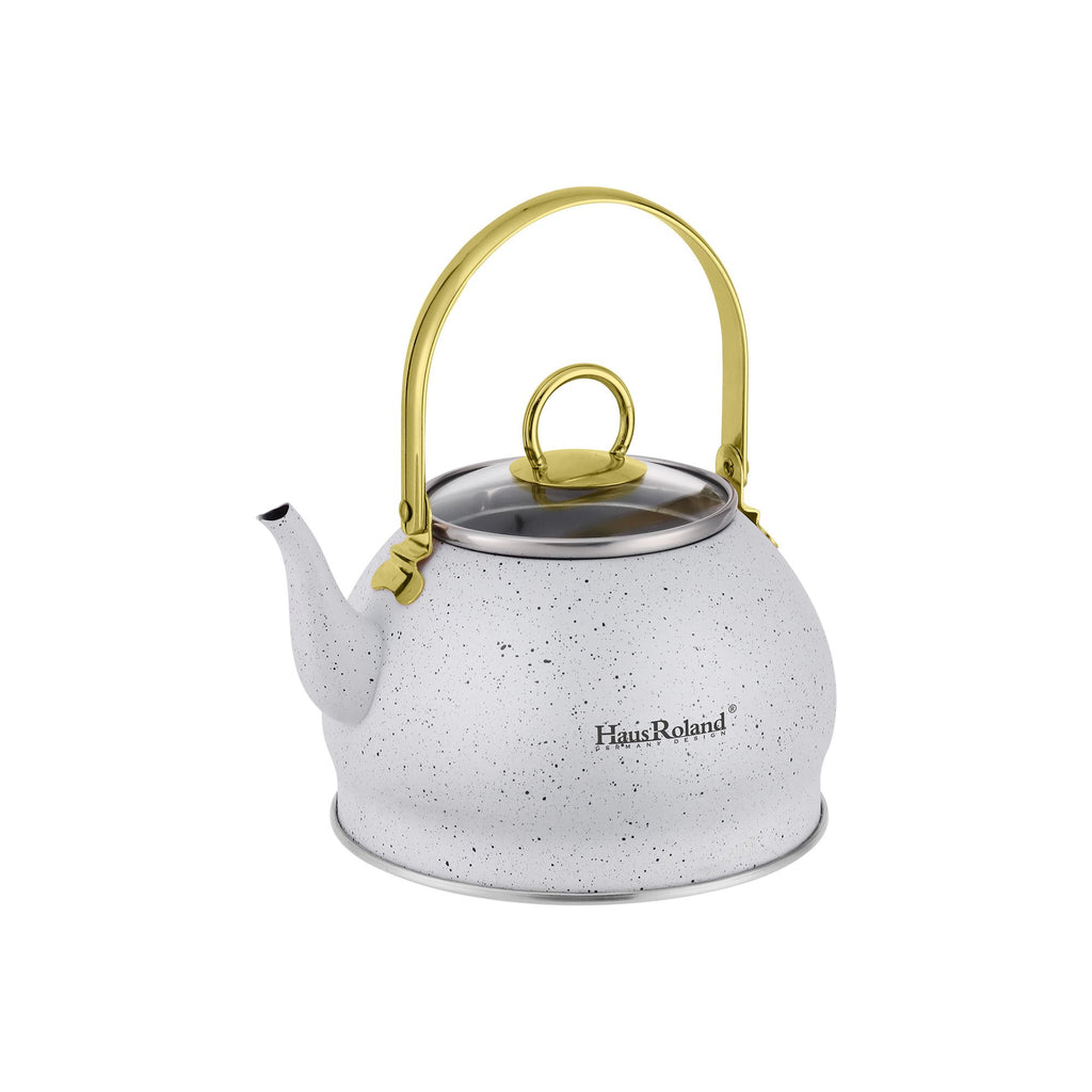 Haus Roland emaille waterketel 1,5 liter HR710-12 – Inductie waterkoker – Wit met goud – Zonder fluit – Opklapbaar handvat