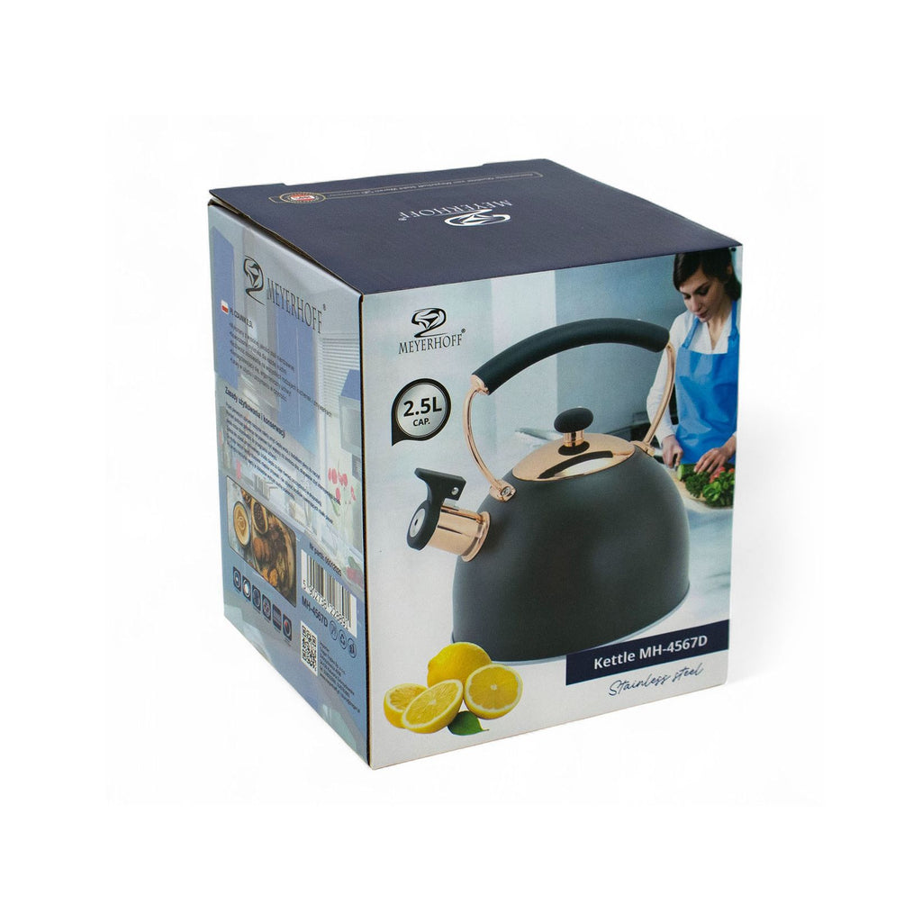Meyerhoff RVS Fluitketel 2,5L – Mat Zwart met Koperaccenten – Inductie Fluitketel – Voor Alle Warmtebronnen – Met Fluitje