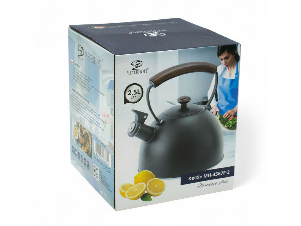 Meyerhoff Fluitketel 2,5 L – RVS Mat Zwart – Houten Handgreep – Fluitketel voor alle warmtebronnen