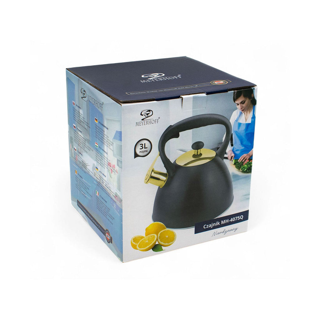 Meyerhoff fluitketel 3,0L MH-4075Q – RVS inductie fluitketel – Matzwart met gouden accenten – Modern design