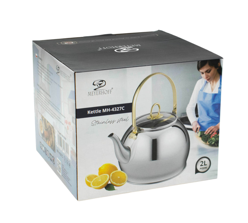 Meyerhoff RVS waterketel 2 liter MH-4327C  – Voor inductie en gas – Zonder fluit – Opklapbaar handvat – Zilver design