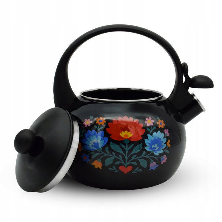 Meyerhoff Black Folk fluitketel 2,2L – Emaille inductie fluitketel – Traditioneel folk design – Zwart met bloemen