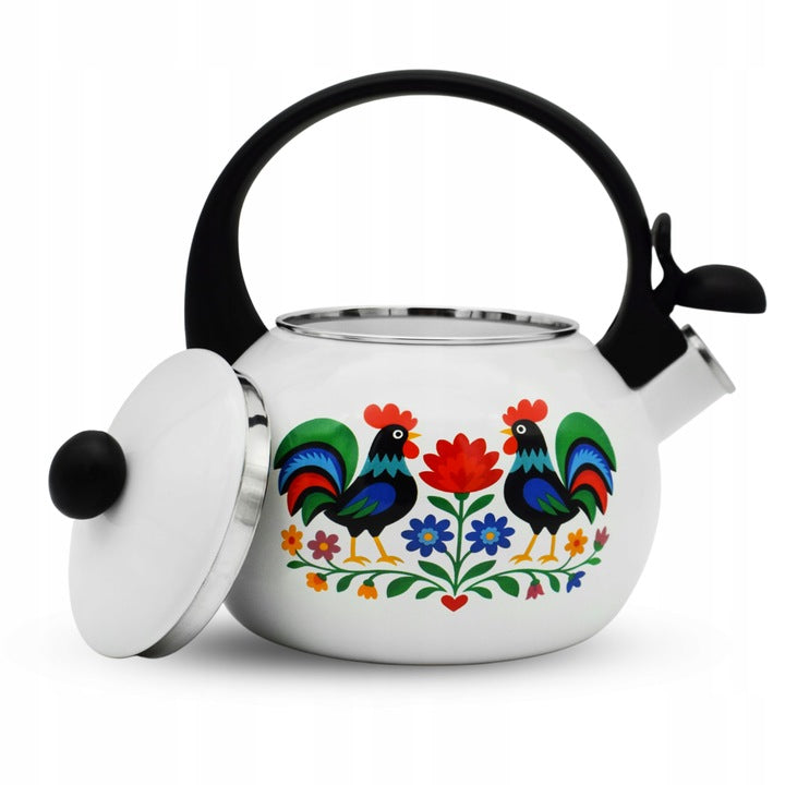 Meyerhoff White Folk fluitketel 2,2L – Emaille inductie fluitketel – Traditioneel folk design met kip – Wit