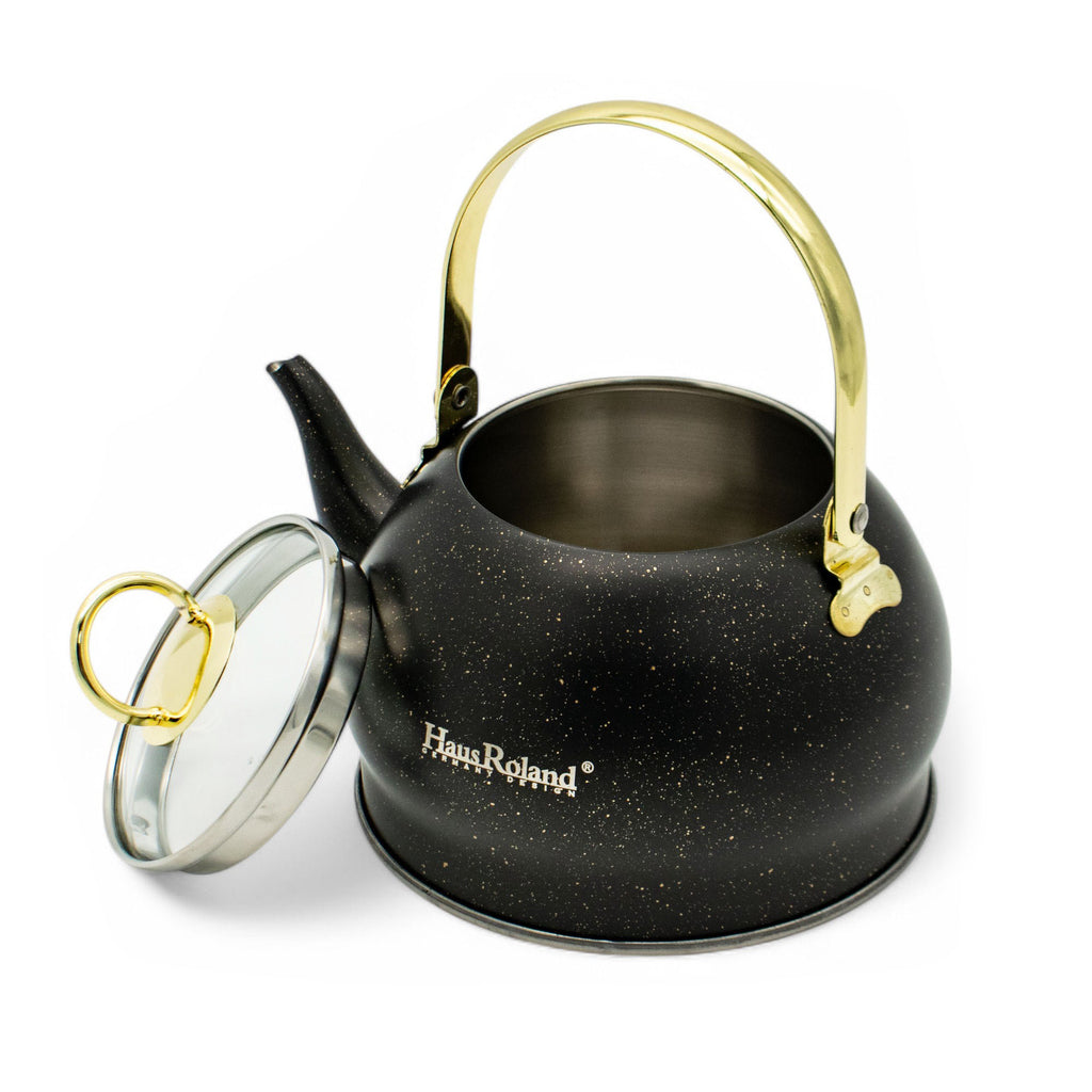 Haus Roland emaille waterketel 1,5 liter HR710-12 – Inductie waterkoker – Zwart met goud – Zonder fluit – Opklapbaar handvat