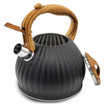 Afbeelding in Gallery-weergave laden, Meyerhoff Fluitketel 3 Liter – RVS Zwart Mat – Met Fluitje – Houtlook Handgreep – Inductie &amp; Gas MH-4141