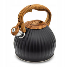 Afbeelding in Gallery-weergave laden, Meyerhoff Fluitketel 3 Liter – RVS Zwart Mat – Met Fluitje – Houtlook Handgreep – Inductie &amp; Gas MH-4141