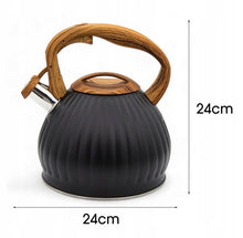 Afbeelding in Gallery-weergave laden, Meyerhoff Fluitketel 3 Liter – RVS Zwart Mat – Met Fluitje – Houtlook Handgreep – Inductie &amp; Gas MH-4141