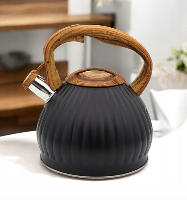 Meyerhoff Fluitketel 3 Liter – RVS Zwart Mat – Met Fluitje – Houtlook Handgreep – Inductie & Gas MH-4141