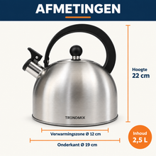 Afbeelding in Gallery-weergave laden, Trendmix Fluitketel geborsteld RVS 2,5 Liter – Lichtgewicht – Cool-Touch Handvat – Geschikt Voor Inductie, Gas En Alle Warmtebronnen