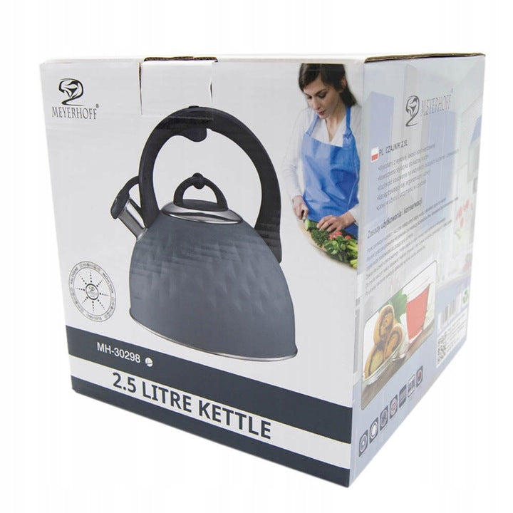Meyerhoff Fluitketel 2,5 Liter RVS Mat Grijs 3D – Inductie & Gas – Waterkoker met Fluitfunctie MH-30298
