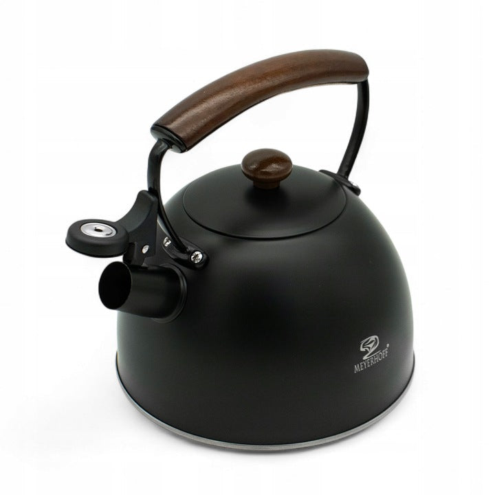 Meyerhoff Fluitketel 2,5 L – RVS Mat Zwart – Houten Handgreep – Fluitketel voor alle warmtebronnen