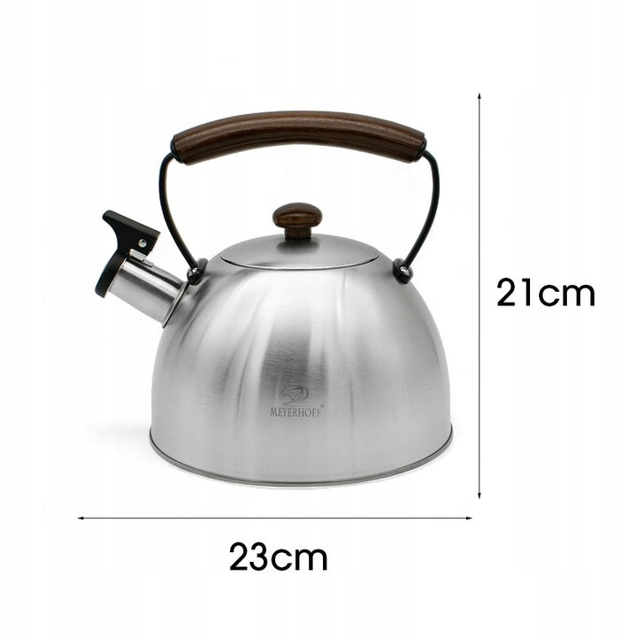 Meyerhoff RVS Fluitketel 2,5L – Geborsteld Zilver – Houten Handvat – Geschikt voor Inductie & Alle Kookplaten