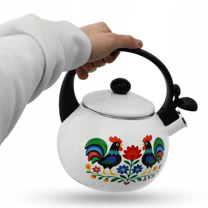 Meyerhoff White Folk fluitketel 2,2L – Emaille inductie fluitketel – Traditioneel folk design met kip – Wit