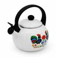 Afbeelding in Gallery-weergave laden, Meyerhoff White Folk fluitketel 2,2L – Emaille inductie fluitketel – Traditioneel folk design met kip – Wit