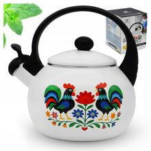 Afbeelding in Gallery-weergave laden, Meyerhoff White Folk fluitketel 2,2L – Emaille inductie fluitketel – Traditioneel folk design met kip – Wit