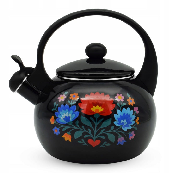 Meyerhoff Black Folk fluitketel 2,2L – Emaille inductie fluitketel – Traditioneel folk design – Zwart met bloemen