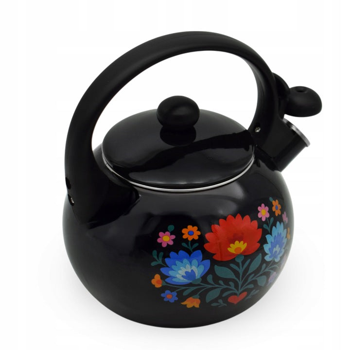 Meyerhoff Black Folk fluitketel 2,2L – Emaille inductie fluitketel – Traditioneel folk design – Zwart met bloemen