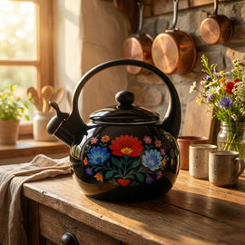 Meyerhoff Black Folk fluitketel 2,2L – Emaille inductie fluitketel – Traditioneel folk design – Zwart met bloemen