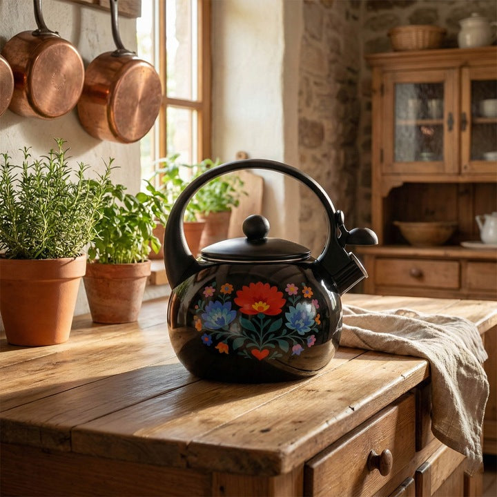 Meyerhoff Black Folk fluitketel 2,2L – Emaille inductie fluitketel – Traditioneel folk design – Zwart met bloemen