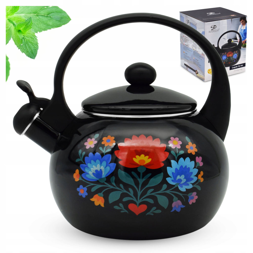 Meyerhoff Black Folk fluitketel 2,2L – Emaille inductie fluitketel – Traditioneel folk design – Zwart met bloemen