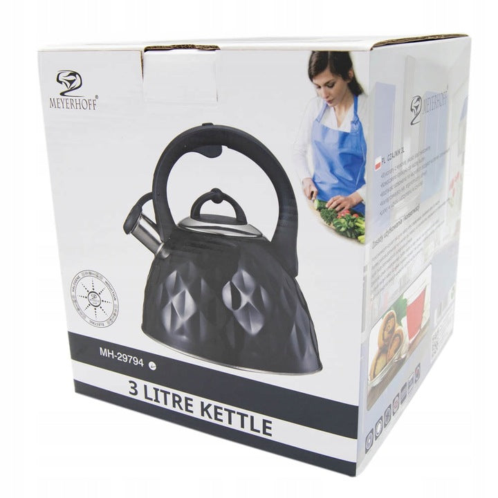 Meyerhoff Fluitketel 3 Liter – RVS – Zwart Glanzend koudblijvende Handgreep – Inductie & Gas – Met Fluitfunctie MH-29794