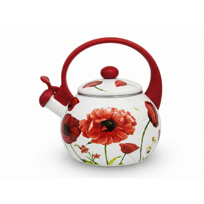 Meyerhoff Fluitketel 2,2 Liter – Emaille Waterketel Inductie – Klaprozen - rood /wit