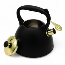 Afbeelding in Gallery-weergave laden, Meyerhoff fluitketel 3,0L MH-4075Q – RVS inductie fluitketel – Matzwart met gouden accenten – Modern design