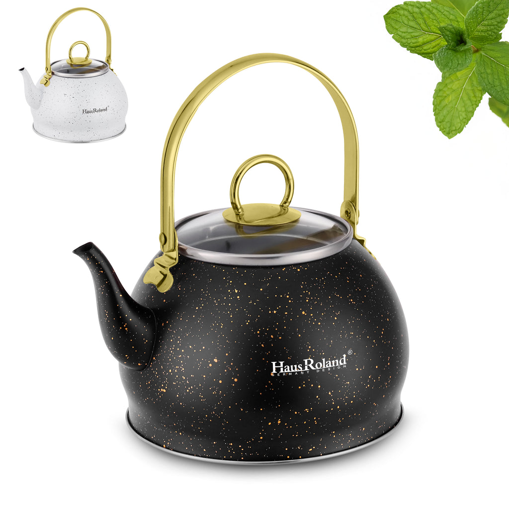 Haus Roland emaille waterketel 1,5 liter HR710-12 – Inductie waterkoker – Zwart met goud – Zonder fluit – Opklapbaar handvat