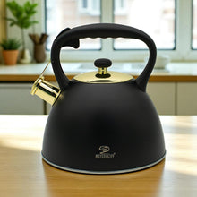 Afbeelding in Gallery-weergave laden, Meyerhoff fluitketel 3,0L MH-4075Q – RVS inductie fluitketel – Matzwart met gouden accenten – Modern design