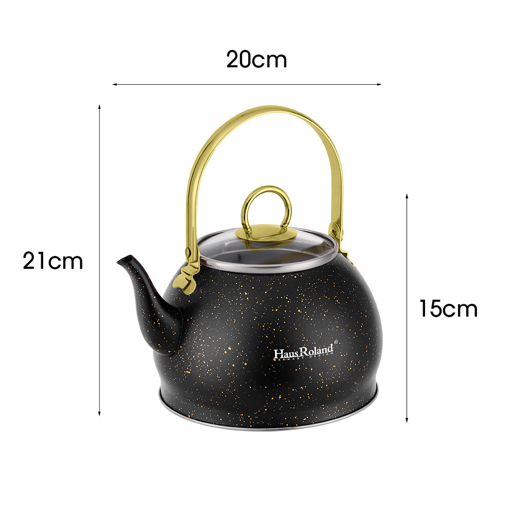 Haus Roland emaille waterketel 1,5 liter HR710-12 – Inductie waterkoker – Zwart met goud – Zonder fluit – Opklapbaar handvat