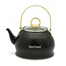 Afbeelding in Gallery-weergave laden, Haus Roland emaille waterketel 1,5 liter HR710-12 – Inductie waterkoker – Zwart met goud – Zonder fluit – Opklapbaar handvat