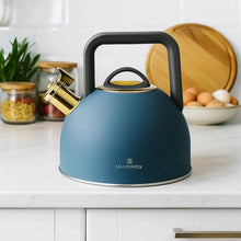Afbeelding in Gallery-weergave laden, Valdinox Giovanni fluitketel 2,5L – RVS inductie fluitketel – Modern design met gouden accenten – Mat Blauw