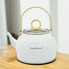 Afbeelding in Gallery-weergave laden, Haus Roland emaille waterketel 1,5 liter HR710-12 – Inductie waterkoker – Wit met goud – Zonder fluit – Opklapbaar handvat