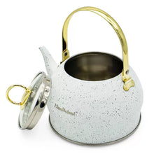 Afbeelding in Gallery-weergave laden, Haus Roland emaille waterketel 1,5 liter HR710-12 – Inductie waterkoker – Wit met goud – Zonder fluit – Opklapbaar handvat