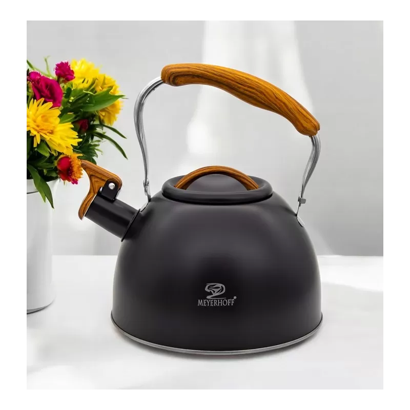 Meyerhoff RVS fluitketel 2,5 liter MH-4415B – Inductie fluitketel – Matzwart – Opklapbaar handvat – Met fluit – Voor gas en inductie