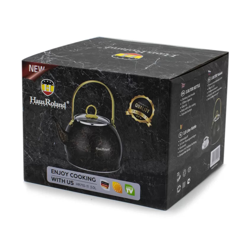 Haus Roland waterketel 3 liter HR710-11 – Inductie waterkoker – Zwart met goud – Zonder fluit – Opklapbaar handvat