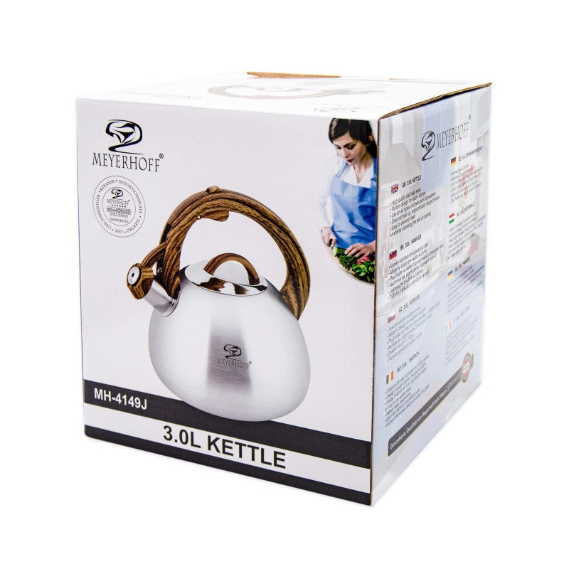 Meyerhoff RVS fluitketel 3 liter MH-4149J – Inductie fluitketel – Metallic bruintinten – Moderne handgreep met houtnerfdesign