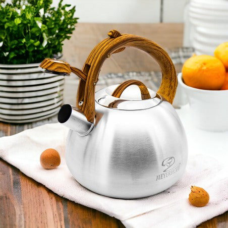 Meyerhoff RVS fluitketel 3 liter MH-4149J – Inductie fluitketel – Metallic bruintinten – Moderne handgreep met houtnerfdesign