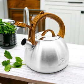 Meyerhoff RVS fluitketel 3 liter MH-4149J – Inductie fluitketel – Metallic bruintinten – Moderne handgreep met houtnerfdesign