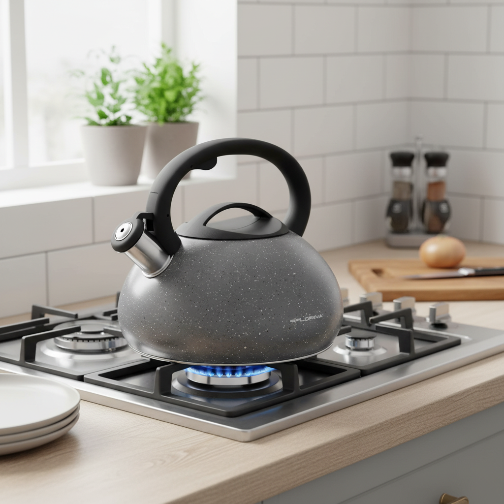 Florina Lava Fluitketel 2,5 L – RVS – Zwart/Grijs Steenlook – Inductie & Alle Warmtebronnen