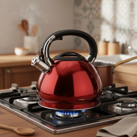 King Hoff KH-1212 Fluitketel 3,4 L – RVS Metallic Rood – Theeketel Inductie & Alle Warmtebronnen